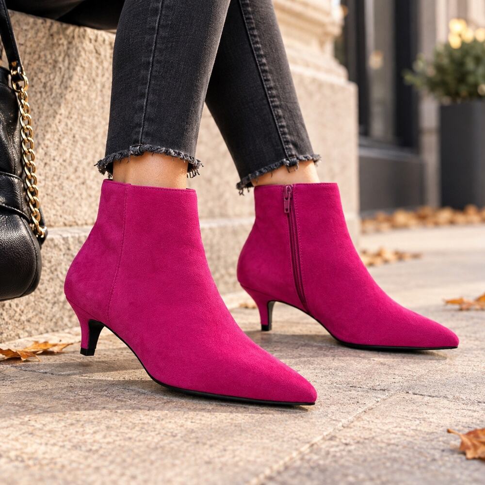 Divine Hot Pink Fuchsia Faux Suede Pointed Toe Kitten Heel Ankle Boots Size 7.5